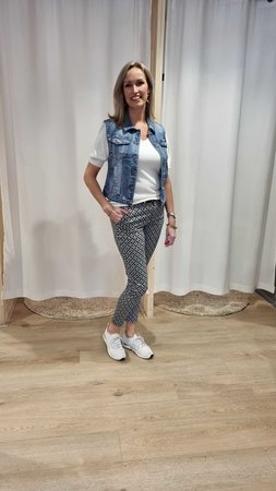 Broek katoen zwart/blauw/off-white - met riempje