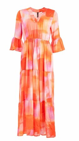 NED Orange Red Jurk Rachelle Maxi Variety Squares Woven 23S3 HO098 02