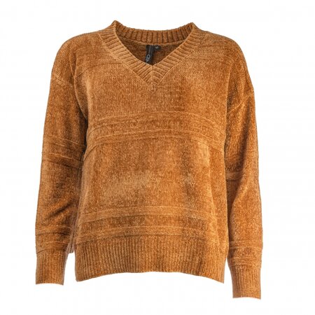 NED Simon LS Chenile sweater met V- Hals- Brown Sugar 23W1-U145-07