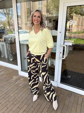 Lady Day Mille Pania Print Bruin Vanille Geel Broek Wide Leg