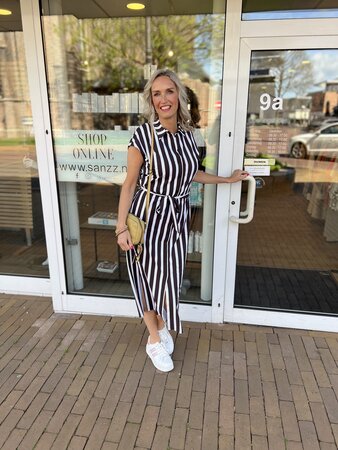 Lady Day Ozzy Doub Stripe Bruin Geel Wit Jurk Travelstof