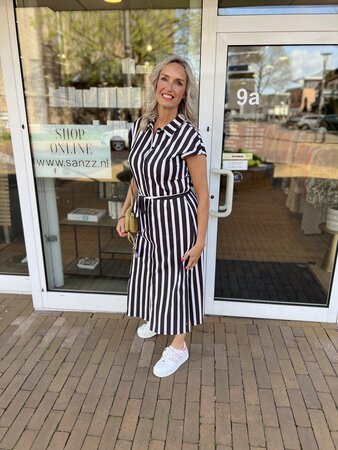 Lady Day Ozzy Doub Stripe Bruin Geel Wit Jurk Travelstof