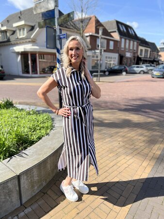 Lady Day Ozzy Doub Stripe Bruin Geel Wit Jurk Travelstof