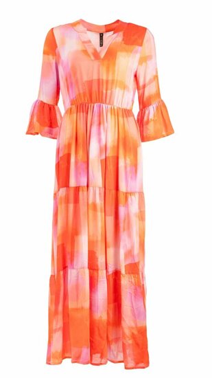 NED Orange Red Jurk Rachelle Maxi Variety Squares Woven 23S3 HO098 02